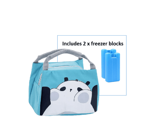 Kid Cooler Lunch Bag with Insulation - Blue Panda Design. Includes 2 x Mini Freezer Blocks