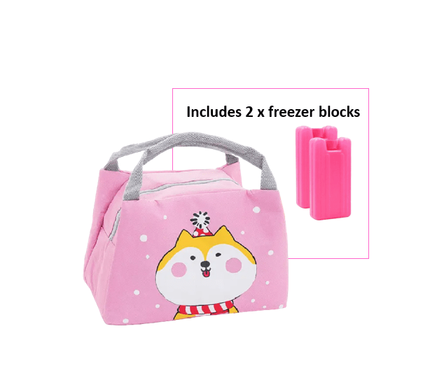 Kid Cooler Lunch Bag with Insulation - Pink Dog Design. Includes 2 x Mini Freezer Blocks