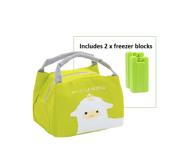 Kid Cooler Lunch Bag with Insulation - Green Sheep Design. Includes 2 x Mini Freezer Blocks