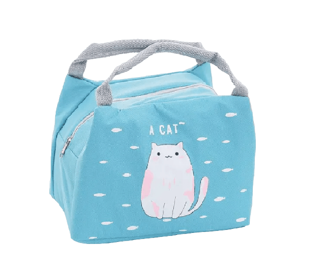 Kid Cooler Lunch Bag with Insulation - Blue Cat Design. Includes 2 x Mini Freezer Blocks