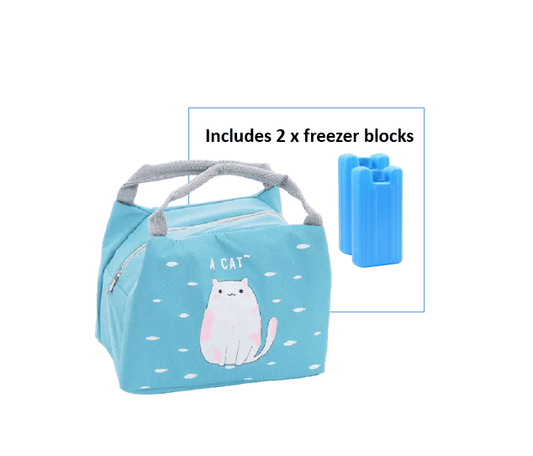 Kid Cooler Lunch Bag with Insulation - Blue Cat Design. Includes 2 x Mini Freezer Blocks