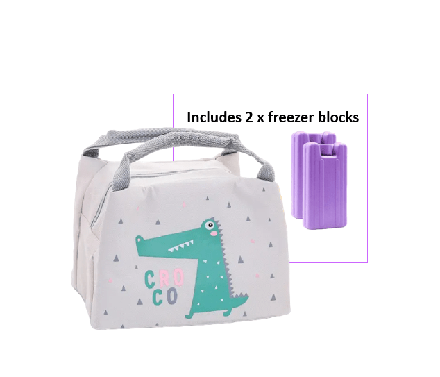 Kid Cooler Lunch Bag with Insulation - Grey Crocodile Design. Includes 2 x Mini Freezer Blocks